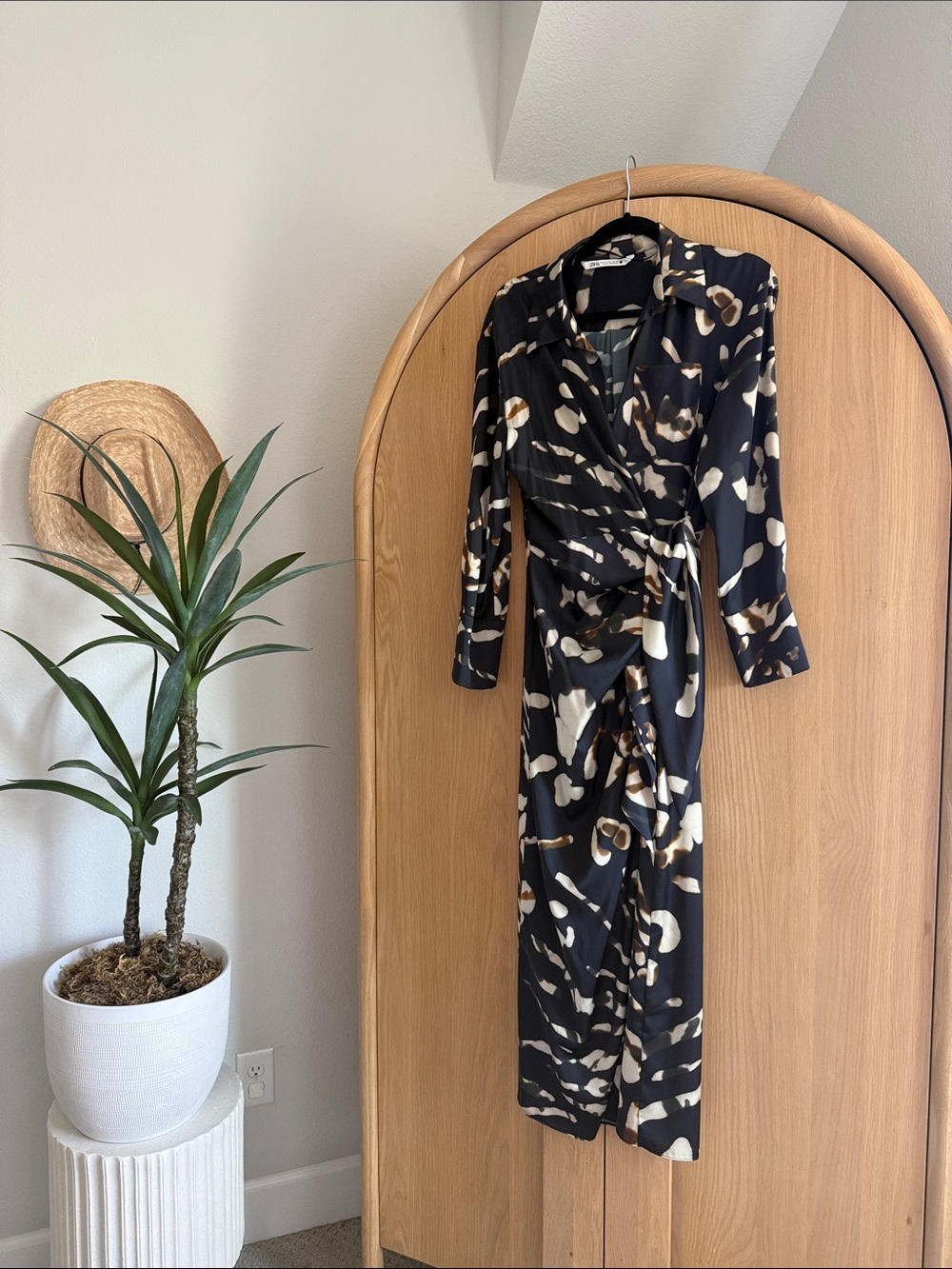 Zara Black Wrap Dress with Cream and Brown Abstract Print